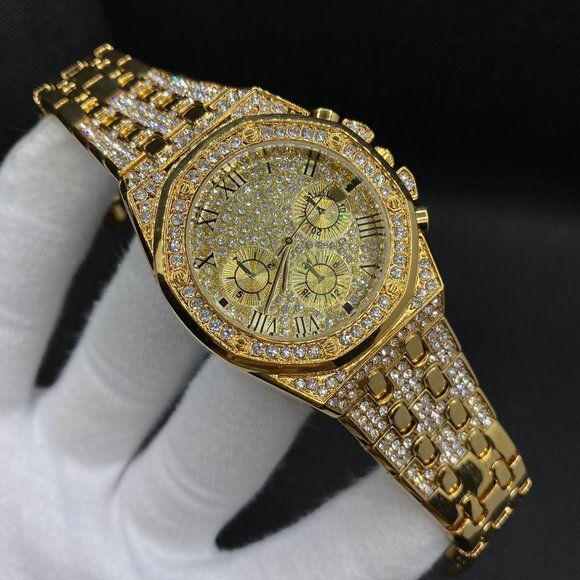 Men's Luxury Brand Gold Color Iced Out Watch - Picture 3 of 5